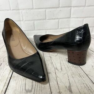 Anyi Lu Black Brown Leather Crocodile & Ostrich Block Heels - Size 38.5 Women 8